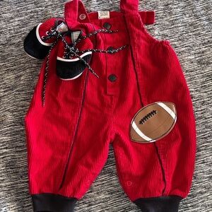 Red Corduroy Baby Overalls with Football Patch and Shoes